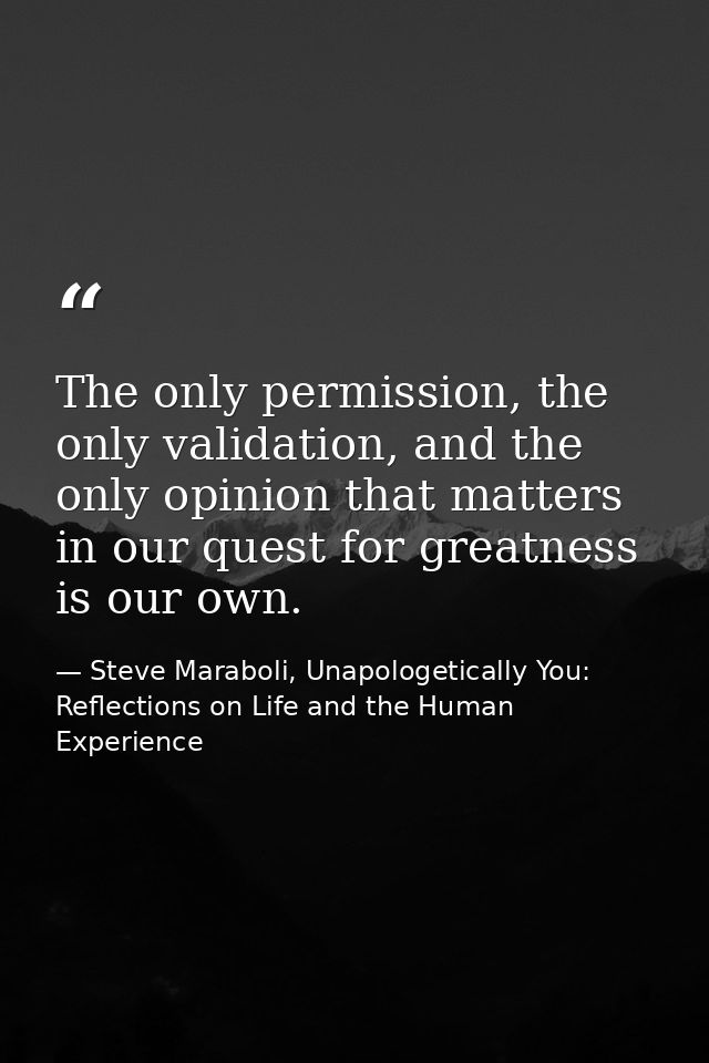 The only permission, the only validation, and the only opinion that matters in our quest for greatness is our own. — Steve Maraboli, Unapologetically You: Reflections on Life and the Human Experience