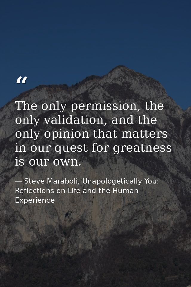 The only permission, the only validation, and the only opinion that matters in our quest for greatness is our own. — Steve Maraboli, Unapologetically You: Reflections on Life and the Human Experience