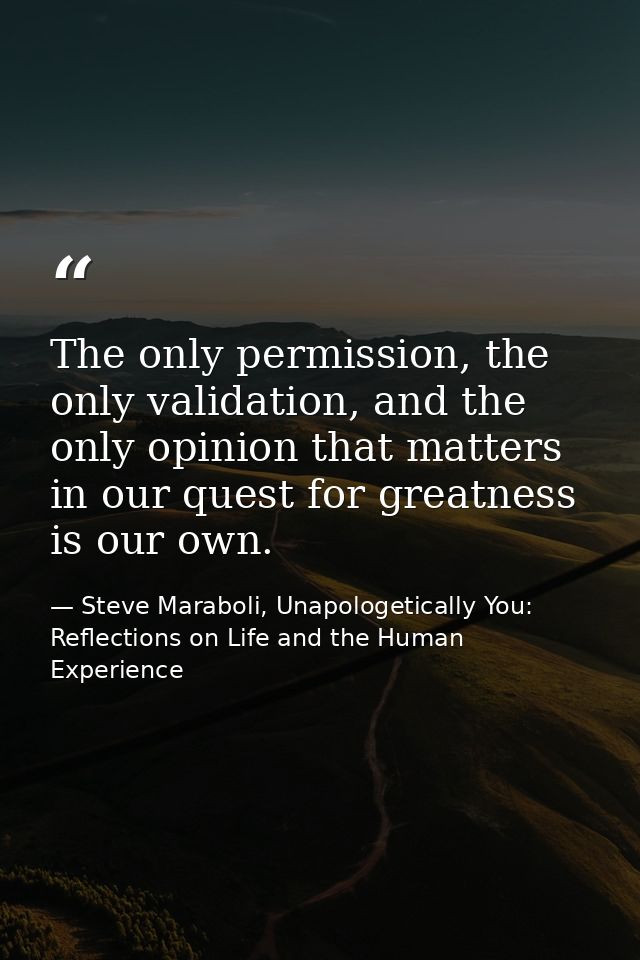 The only permission, the only validation, and the only opinion that matters in our quest for greatness is our own. — Steve Maraboli, Unapologetically You: Reflections on Life and the Human Experience