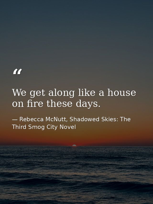 We get along like a house on fire these days. — Rebecca McNutt, Shadowed Skies: The Third Smog City Novel