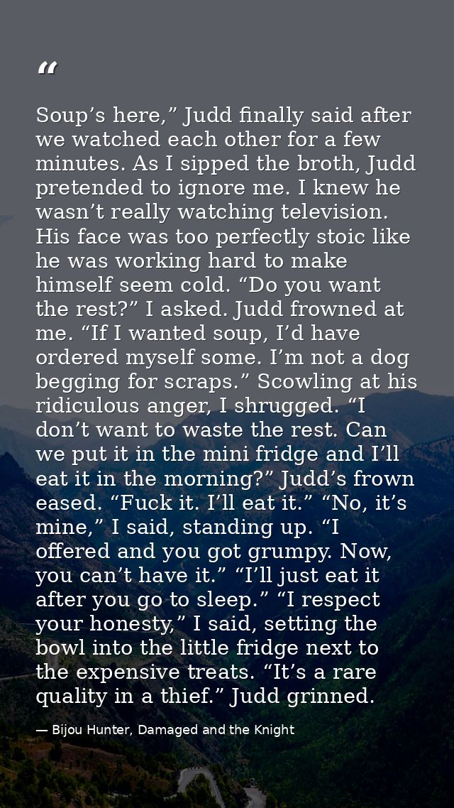 Soup’s here,” Judd finally said after we watched each other for a few minutes. As I sipped the broth, Judd pretended to  — Bijou Hunter, Damaged and the Knight