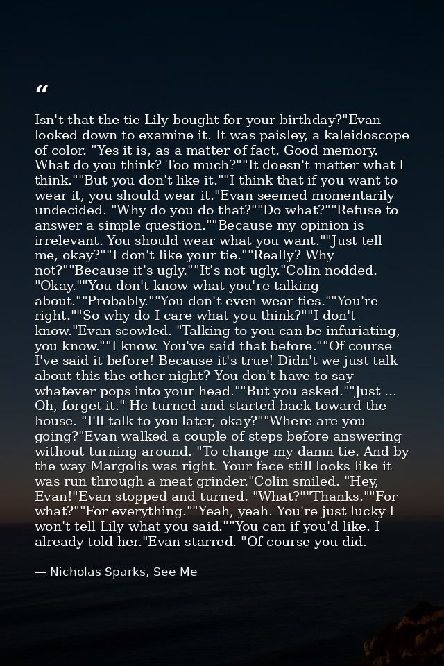 Isn't that the tie Lily bought for your birthday?"Evan looked down to examine it. It was paisley, a kaleidoscope of colo — Nicholas Sparks, See Me