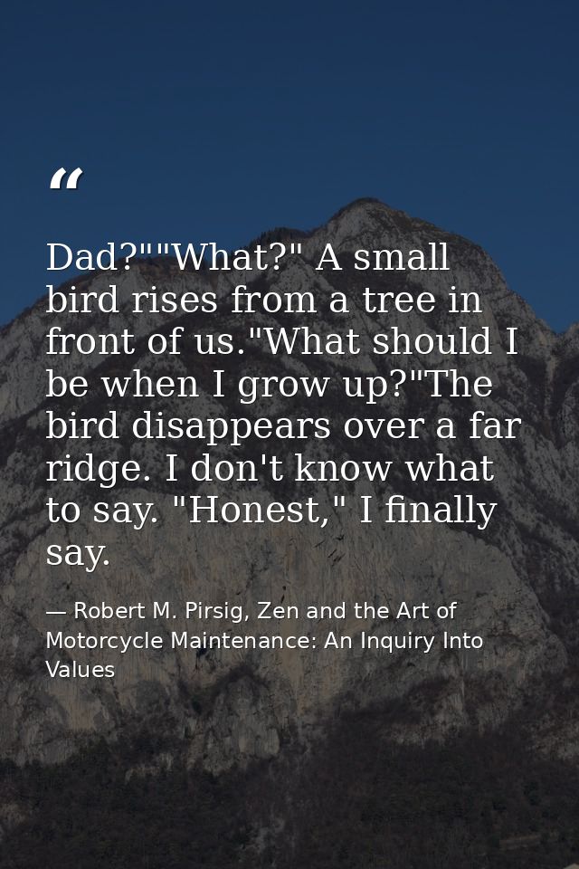 Dad?""What?" A small bird rises from a tree in front of us."What should I be when I grow up?"The bird disappears over a  — Robert M. Pirsig, Zen and the Art of Motorcycle Maintenance: An Inquiry Into Values