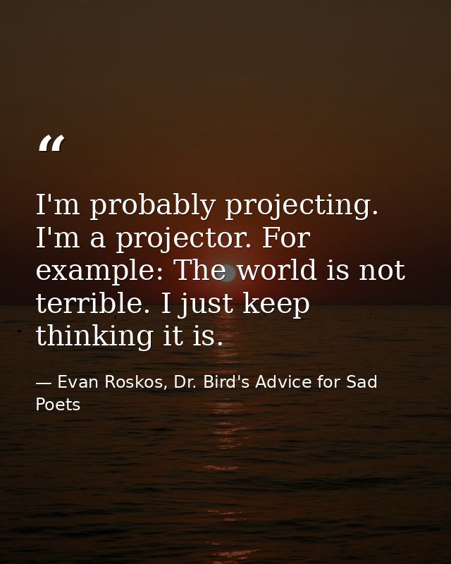 I'm probably projecting. I'm a projector. For example: The world is not terrible. I just keep thinking it is. — Evan Roskos, Dr. Bird's Advice for Sad Poets