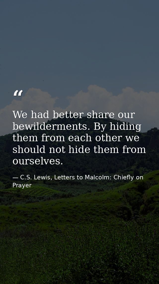 We had better share our bewilderments. By hiding them from each other we should not hide them from ourselves. — C.S. Lewis, Letters to Malcolm: Chiefly on Prayer
