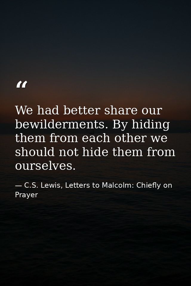 We had better share our bewilderments. By hiding them from each other we should not hide them from ourselves. — C.S. Lewis, Letters to Malcolm: Chiefly on Prayer