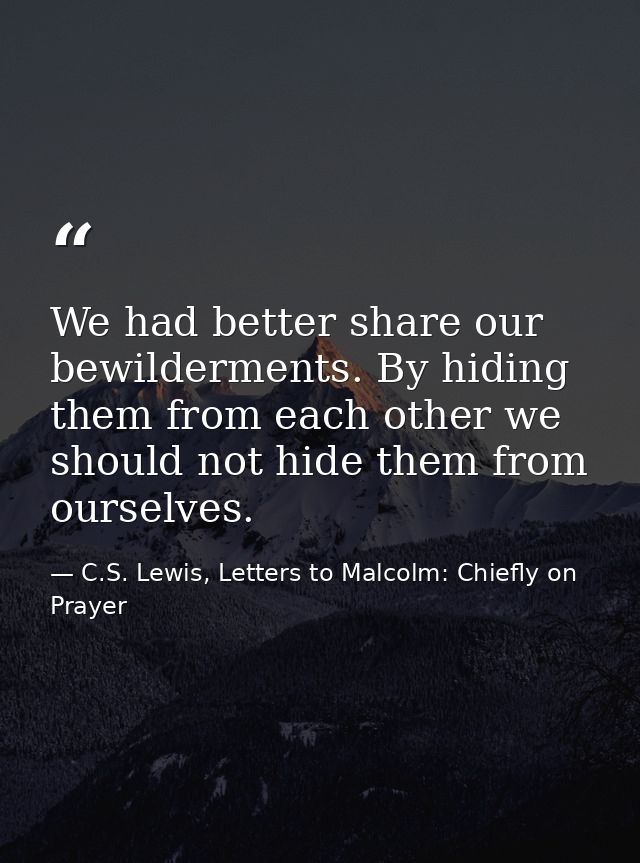 We had better share our bewilderments. By hiding them from each other we should not hide them from ourselves. — C.S. Lewis, Letters to Malcolm: Chiefly on Prayer