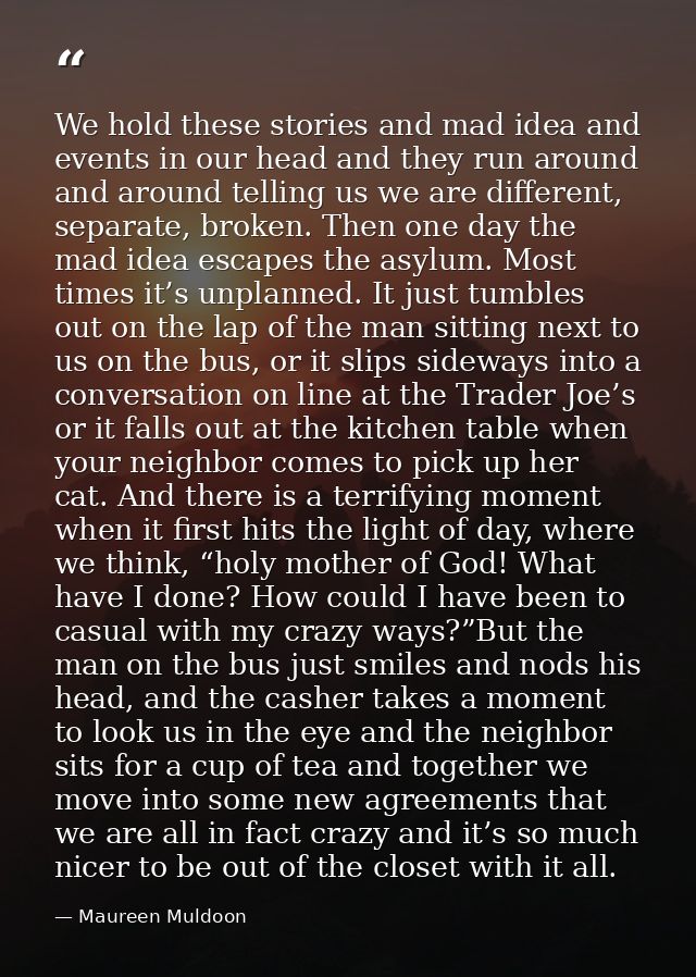 We hold these stories and mad idea and events in our head and they run around and around telling us we are different, se — Maureen Muldoon