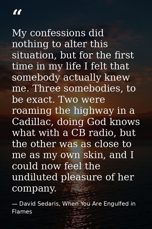 My confessions did nothing to alter this situation, but for the first time in my life I felt that somebody actually knew — David Sedaris, When You Are Engulfed in Flames