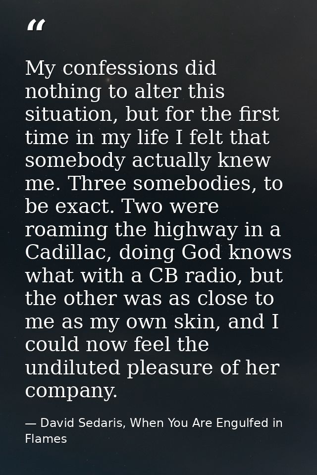 My confessions did nothing to alter this situation, but for the first time in my life I felt that somebody actually knew — David Sedaris, When You Are Engulfed in Flames
