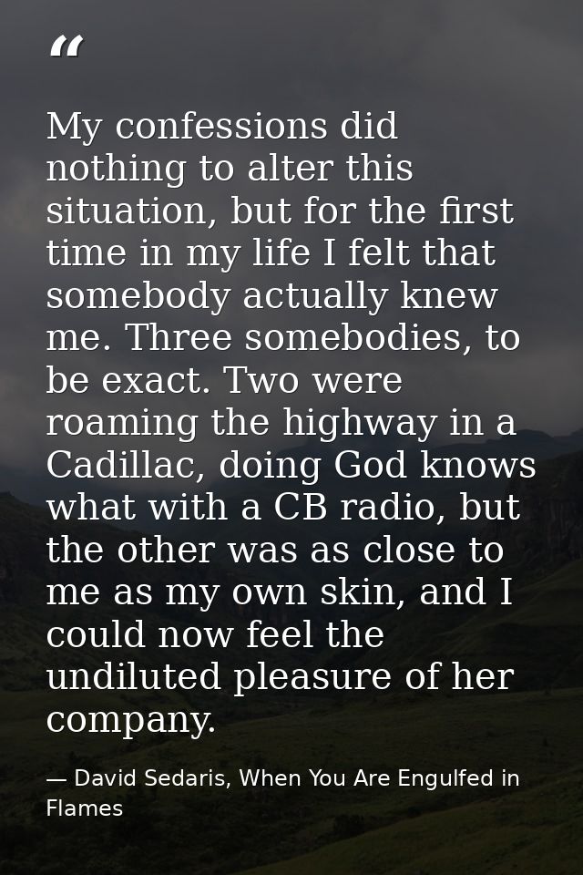 My confessions did nothing to alter this situation, but for the first time in my life I felt that somebody actually knew — David Sedaris, When You Are Engulfed in Flames
