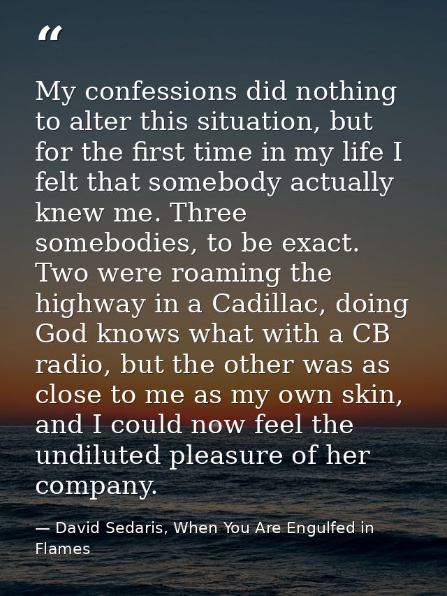 My confessions did nothing to alter this situation, but for the first time in my life I felt that somebody actually knew — David Sedaris, When You Are Engulfed in Flames