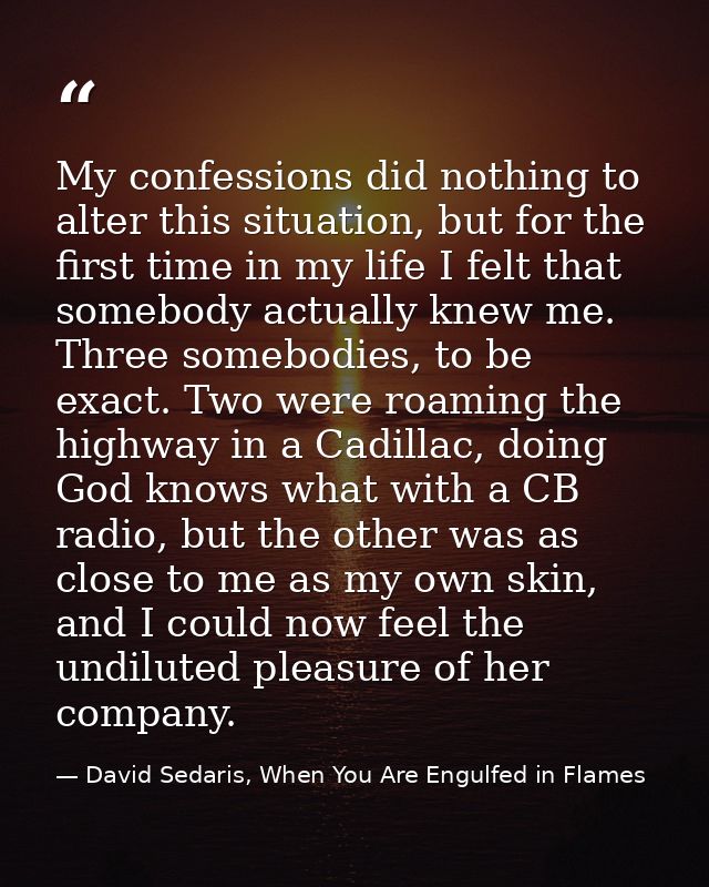 My confessions did nothing to alter this situation, but for the first time in my life I felt that somebody actually knew — David Sedaris, When You Are Engulfed in Flames