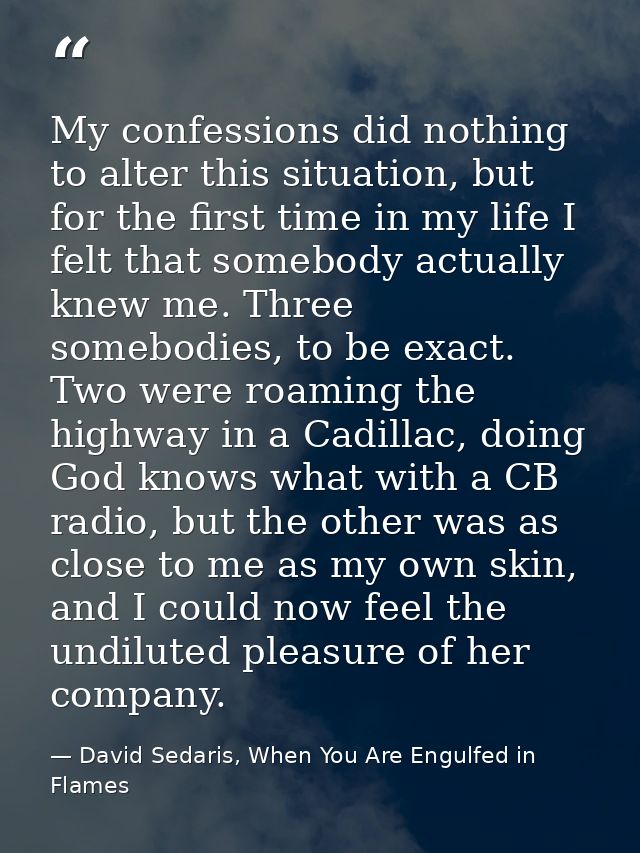My confessions did nothing to alter this situation, but for the first time in my life I felt that somebody actually knew — David Sedaris, When You Are Engulfed in Flames