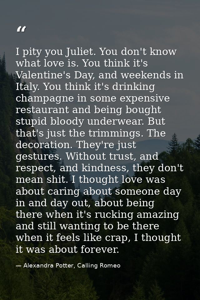 I pity you Juliet. You don't know what love is. You think it's Valentine's Day, and weekends in Italy. You think it's dr — Alexandra Potter, Calling Romeo