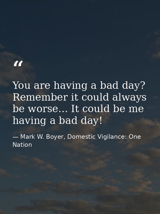 You are having a bad day? Remember it could always be worse... It could be me having a bad day! — Mark W. Boyer, Domestic Vigilance: One Nation