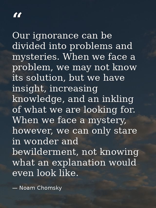 Our ignorance can be divided into problems and mysteries. When we face a problem, we may not know its solution, but we h — Noam Chomsky
