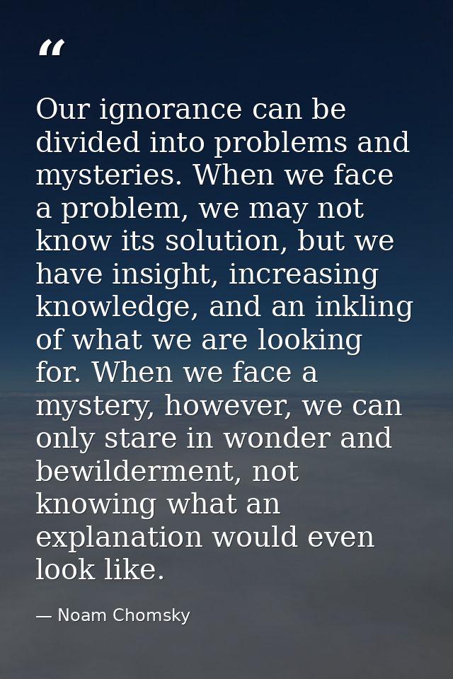 Our ignorance can be divided into problems and mysteries. When we face a problem, we may not know its solution, but we h — Noam Chomsky