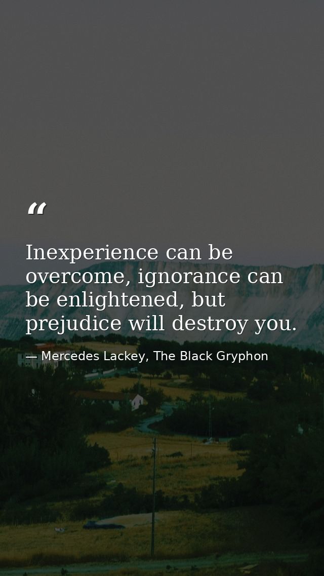Inexperience can be overcome, ignorance can be enlightened, but prejudice will destroy you. — Mercedes Lackey, The Black Gryphon