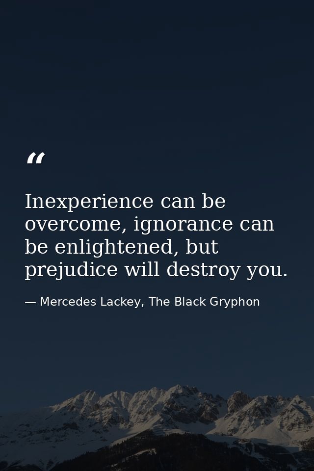 Inexperience can be overcome, ignorance can be enlightened, but prejudice will destroy you. — Mercedes Lackey, The Black Gryphon