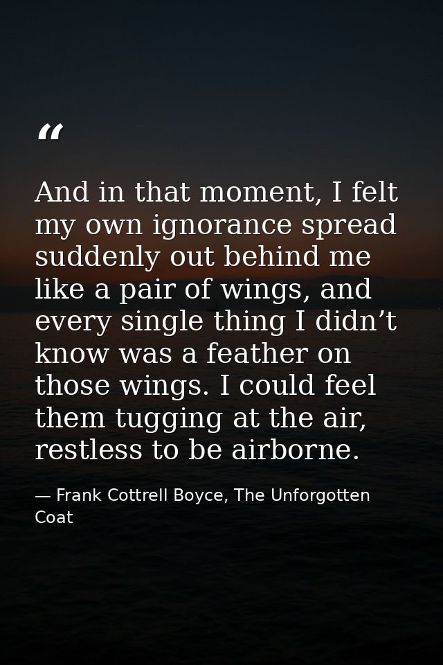 And in that moment, I felt my own ignorance spread suddenly out behind me like a pair of wings, and every single thing I — Frank Cottrell Boyce, The Unforgotten Coat