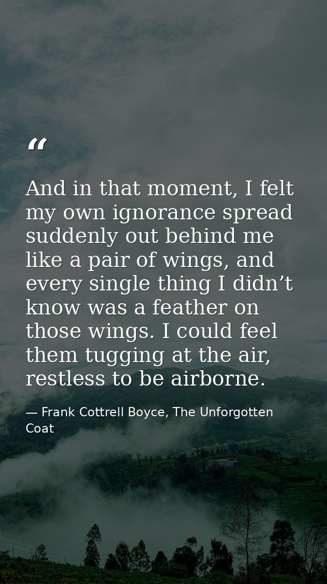 And in that moment, I felt my own ignorance spread suddenly out behind me like a pair of wings, and every single thing I — Frank Cottrell Boyce, The Unforgotten Coat