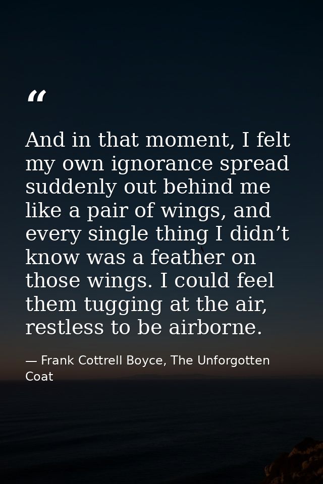 And in that moment, I felt my own ignorance spread suddenly out behind me like a pair of wings, and every single thing I — Frank Cottrell Boyce, The Unforgotten Coat