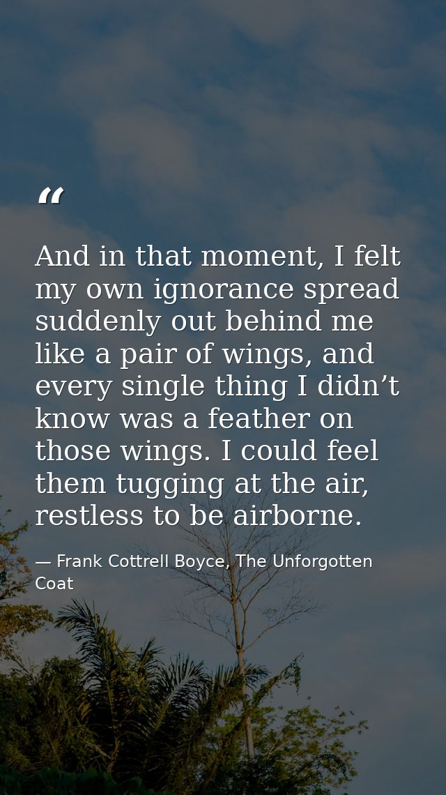 And in that moment, I felt my own ignorance spread suddenly out behind me like a pair of wings, and every single thing I — Frank Cottrell Boyce, The Unforgotten Coat