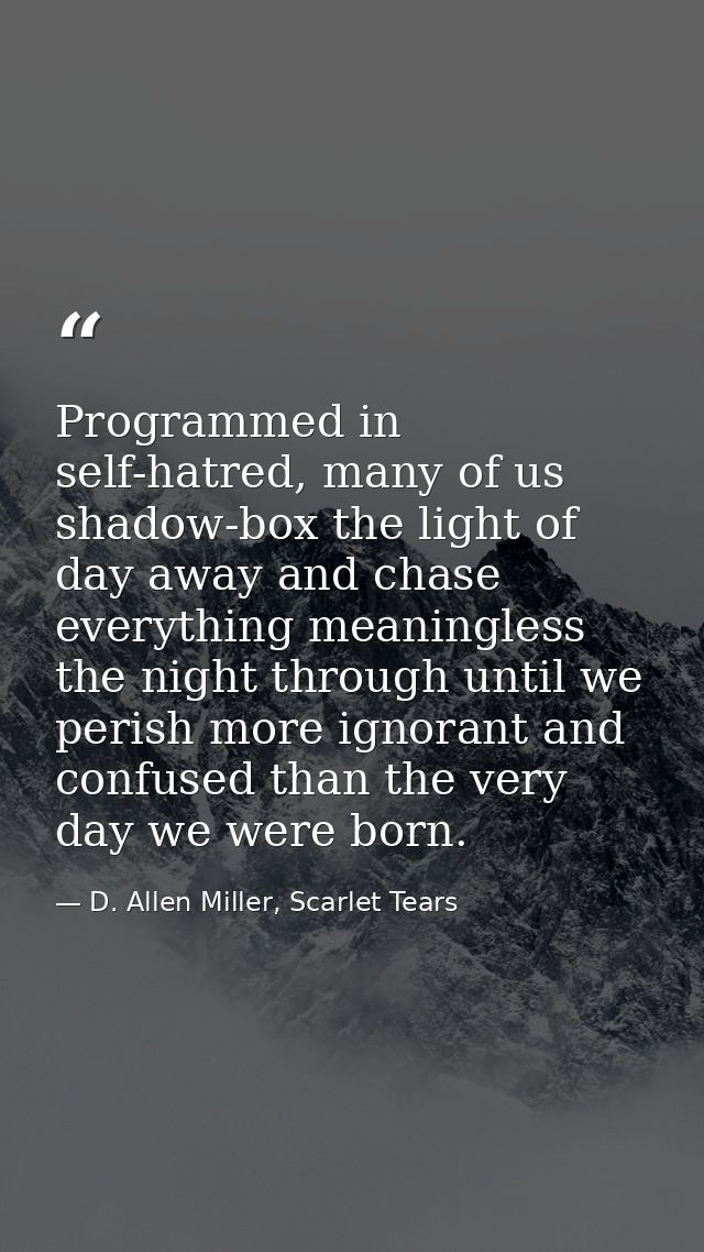 Programmed in self-hatred, many of us shadow-box the light of day away and chase everything meaningless the night throug — D. Allen Miller, Scarlet Tears