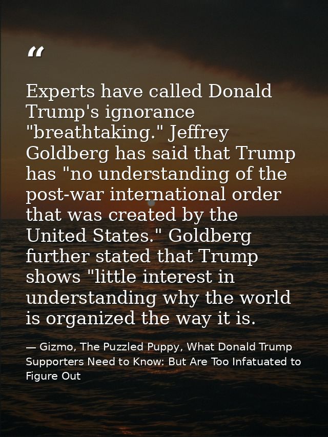 Experts have called Donald Trump's ignorance "breathtaking." Jeffrey Goldberg has said that Trump has "no understanding  — Gizmo, The Puzzled Puppy, What Donald Trump Supporters Need to Know: But Are Too Infatuated to Figure Out