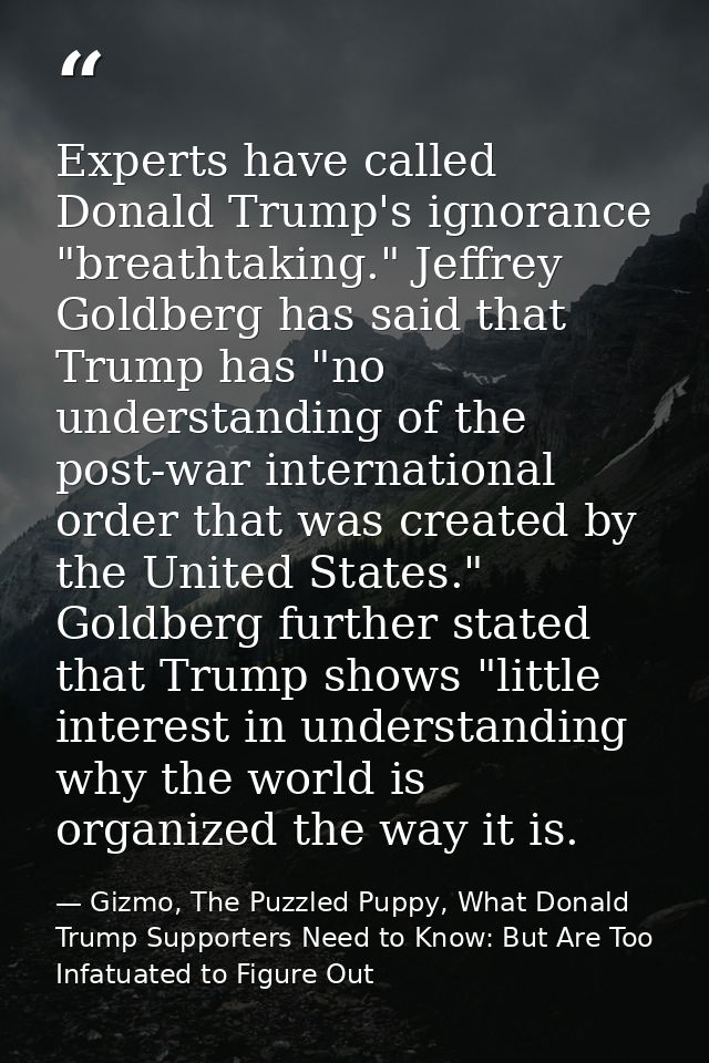 Experts have called Donald Trump's ignorance "breathtaking." Jeffrey Goldberg has said that Trump has "no understanding  — Gizmo, The Puzzled Puppy, What Donald Trump Supporters Need to Know: But Are Too Infatuated to Figure Out