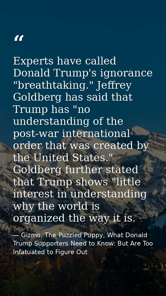 Experts have called Donald Trump's ignorance "breathtaking." Jeffrey Goldberg has said that Trump has "no understanding  — Gizmo, The Puzzled Puppy, What Donald Trump Supporters Need to Know: But Are Too Infatuated to Figure Out