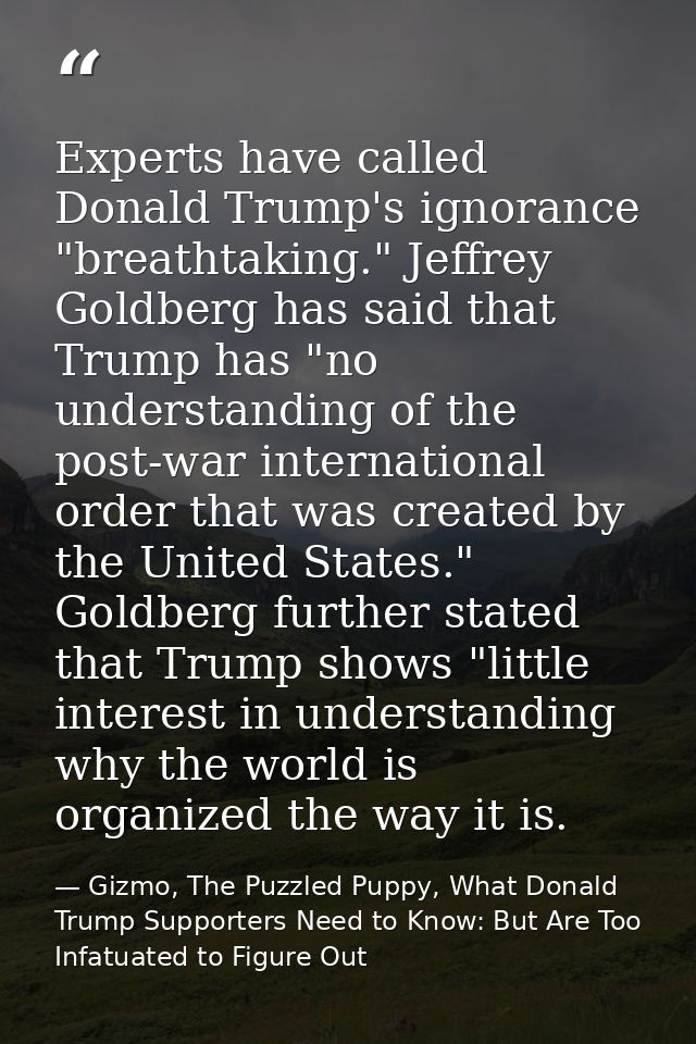 Experts have called Donald Trump's ignorance "breathtaking." Jeffrey Goldberg has said that Trump has "no understanding  — Gizmo, The Puzzled Puppy, What Donald Trump Supporters Need to Know: But Are Too Infatuated to Figure Out