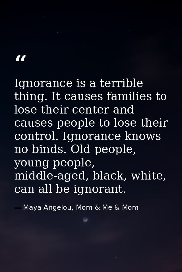Ignorance is a terrible thing. It causes families to lose their center and causes people to lose their control. Ignoranc — Maya Angelou, Mom & Me & Mom
