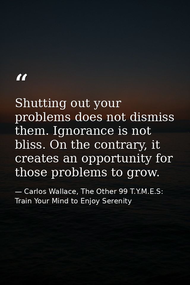 Shutting out your problems does not dismiss them. Ignorance is not bliss. On the contrary, it creates an opportunity for — Carlos Wallace, The Other 99 T.Y.M.E.S: Train Your Mind to Enjoy Serenity