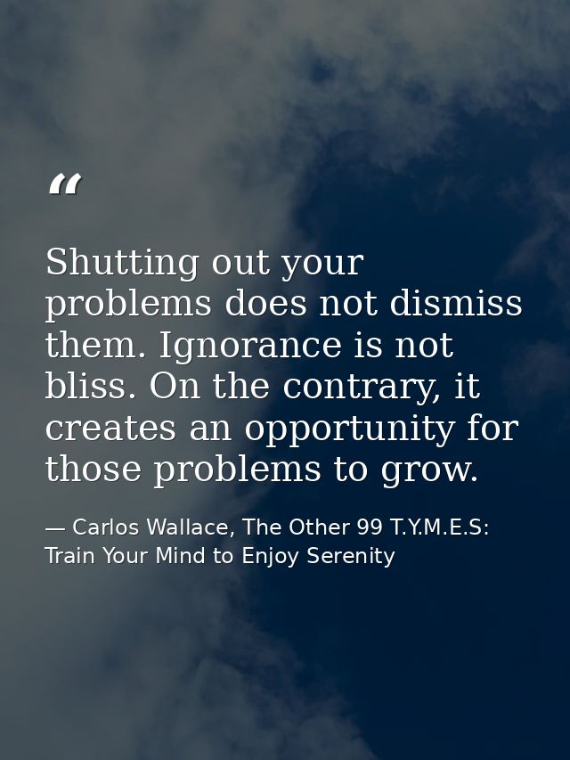 Shutting out your problems does not dismiss them. Ignorance is not bliss. On the contrary, it creates an opportunity for — Carlos Wallace, The Other 99 T.Y.M.E.S: Train Your Mind to Enjoy Serenity