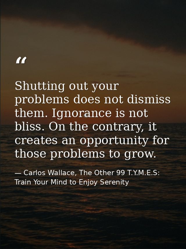 Shutting out your problems does not dismiss them. Ignorance is not bliss. On the contrary, it creates an opportunity for — Carlos Wallace, The Other 99 T.Y.M.E.S: Train Your Mind to Enjoy Serenity