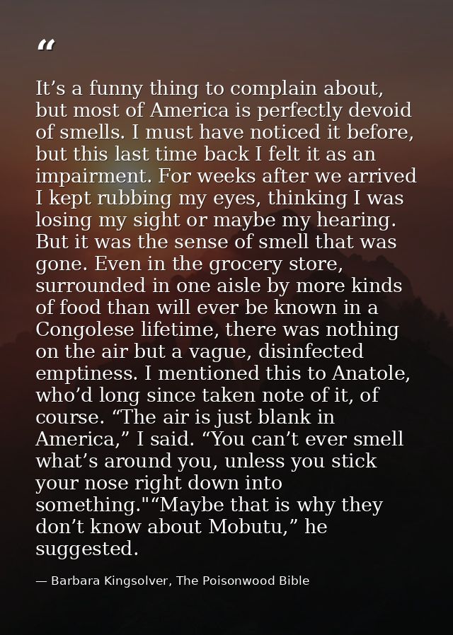 It’s a funny thing to complain about, but most of America is perfectly devoid of smells. I must have noticed it before,  — Barbara Kingsolver, The Poisonwood Bible