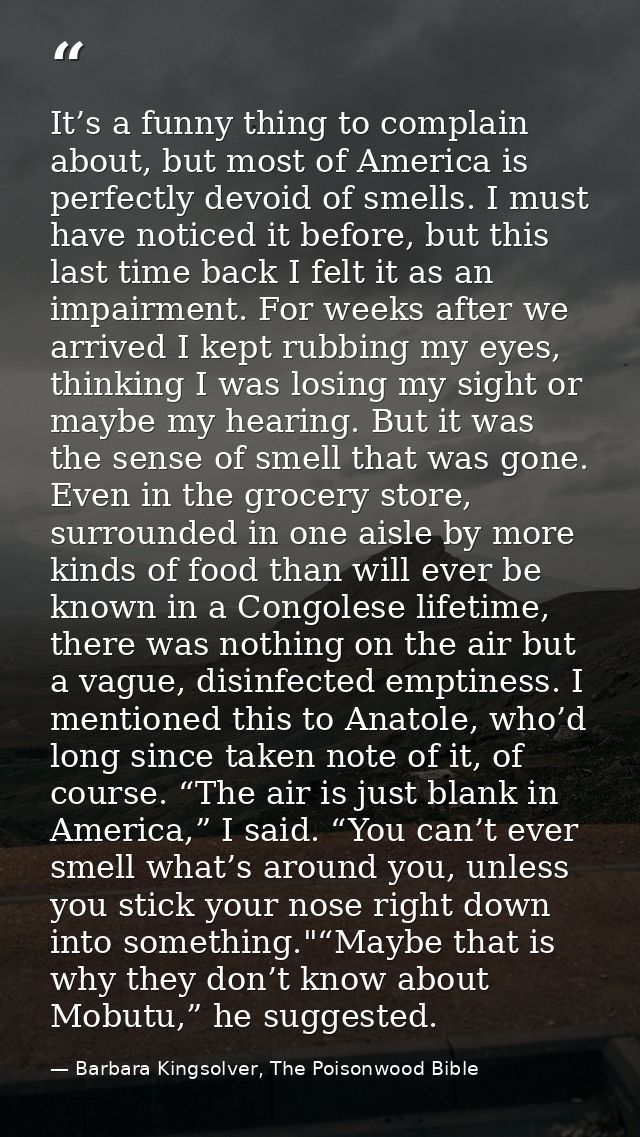 It’s a funny thing to complain about, but most of America is perfectly devoid of smells. I must have noticed it before,  — Barbara Kingsolver, The Poisonwood Bible