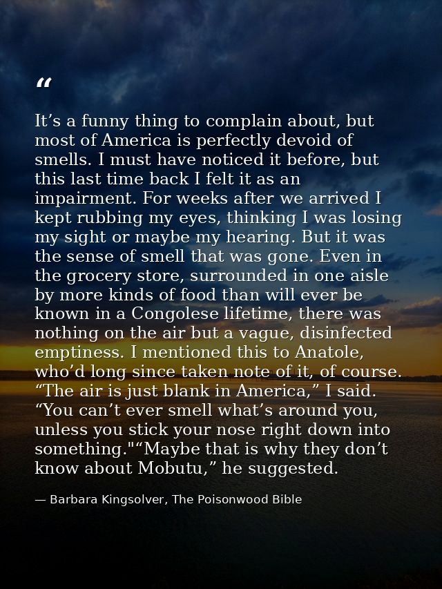 It’s a funny thing to complain about, but most of America is perfectly devoid of smells. I must have noticed it before,  — Barbara Kingsolver, The Poisonwood Bible