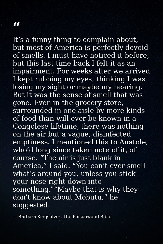 It’s a funny thing to complain about, but most of America is perfectly devoid of smells. I must have noticed it before,  — Barbara Kingsolver, The Poisonwood Bible