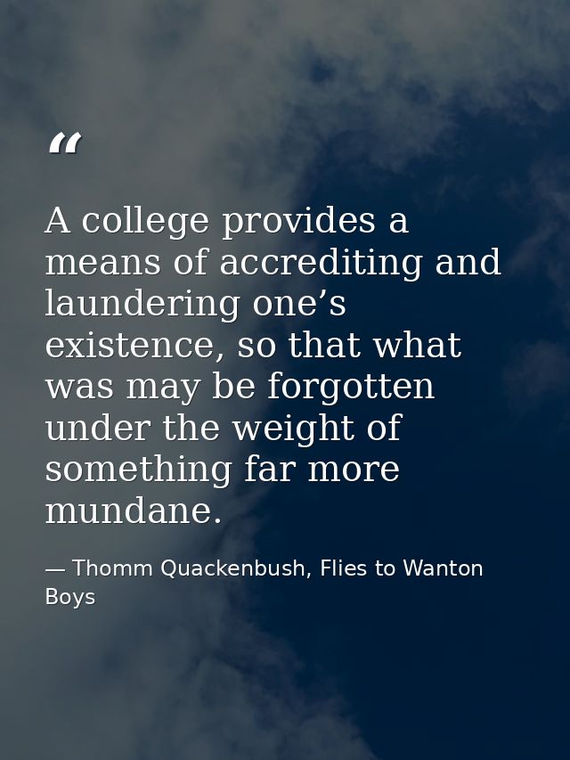 A college provides a means of accrediting and laundering one’s existence, so that what was may be forgotten under the we — Thomm Quackenbush, Flies to Wanton Boys