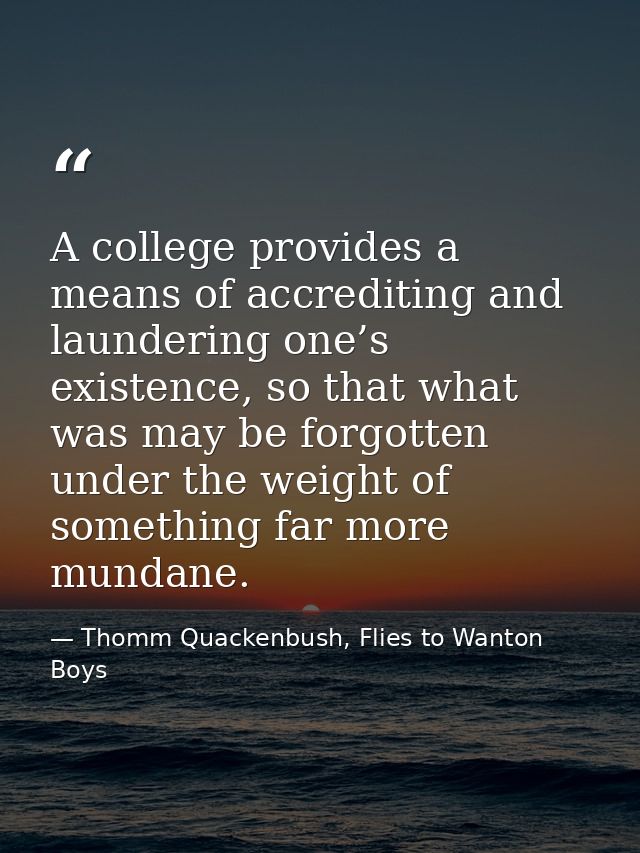 A college provides a means of accrediting and laundering one’s existence, so that what was may be forgotten under the we — Thomm Quackenbush, Flies to Wanton Boys