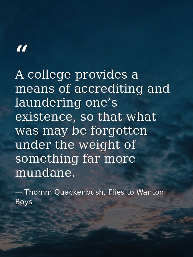 A college provides a means of accrediting and laundering one’s existence, so that what was may be forgotten under the we — Thomm Quackenbush, Flies to Wanton Boys