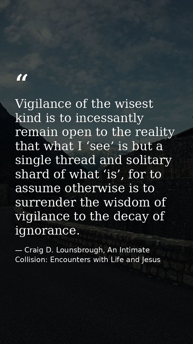 Vigilance of the wisest kind is to incessantly remain open to the reality that what I ‘see’ is but a single thread and s — Craig D. Lounsbrough, An Intimate Collision: Encounters with Life and Jesus