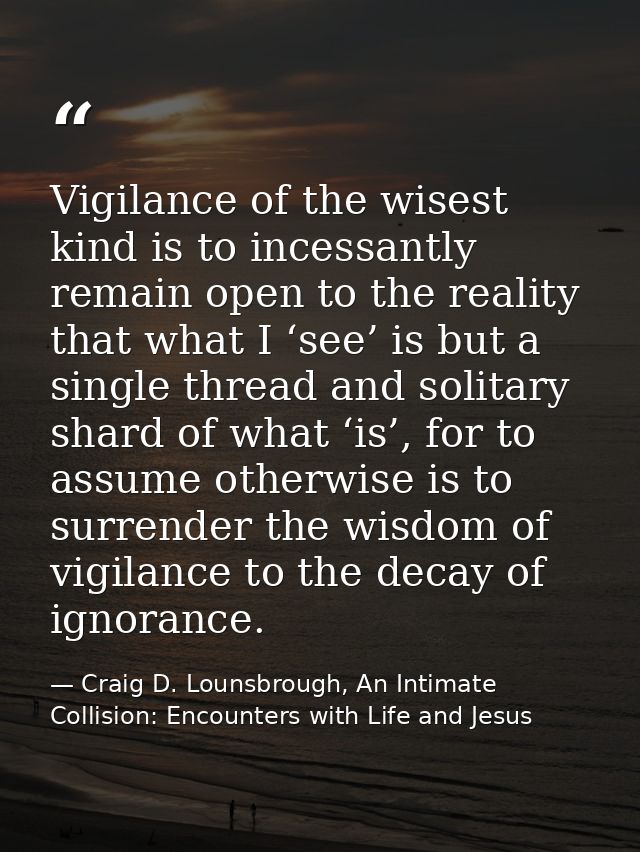 Vigilance of the wisest kind is to incessantly remain open to the reality that what I ‘see’ is but a single thread and s — Craig D. Lounsbrough, An Intimate Collision: Encounters with Life and Jesus