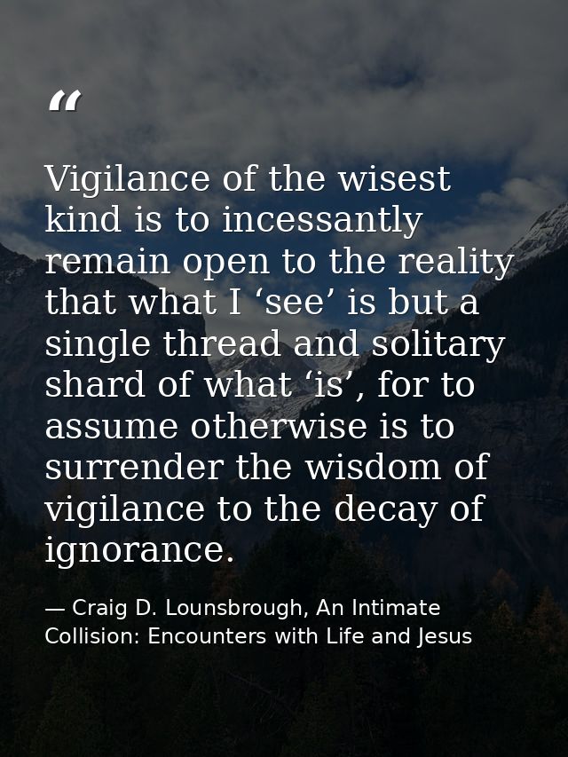 Vigilance of the wisest kind is to incessantly remain open to the reality that what I ‘see’ is but a single thread and s — Craig D. Lounsbrough, An Intimate Collision: Encounters with Life and Jesus