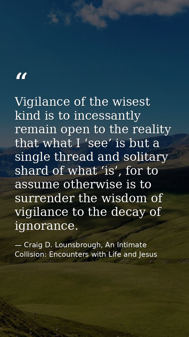 Vigilance of the wisest kind is to incessantly remain open to the reality that what I ‘see’ is but a single thread and s — Craig D. Lounsbrough, An Intimate Collision: Encounters with Life and Jesus