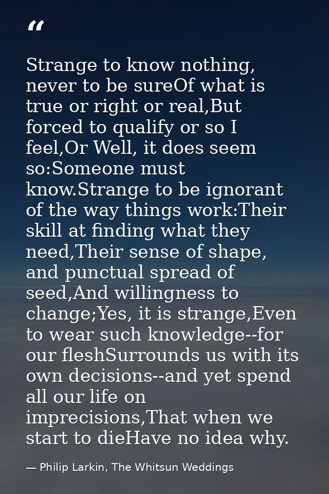 Strange to know nothing, never to be sureOf what is true or right or real,But forced to qualify or so I feel,Or Well, it — Philip Larkin, The Whitsun Weddings