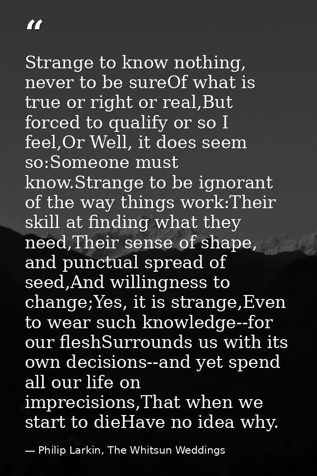 Strange to know nothing, never to be sureOf what is true or right or real,But forced to qualify or so I feel,Or Well, it — Philip Larkin, The Whitsun Weddings